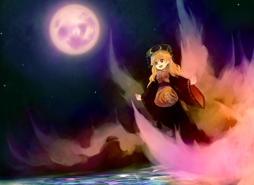 1girl, chinese_clothes, crescent, dress, fox_tail, junko_(touhou), long_hair, multiple_tails