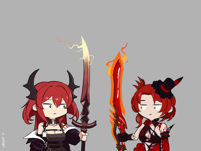 2girls, absurdres, arknights, bangs, blood, cartoonized, crossover, flaming_sword