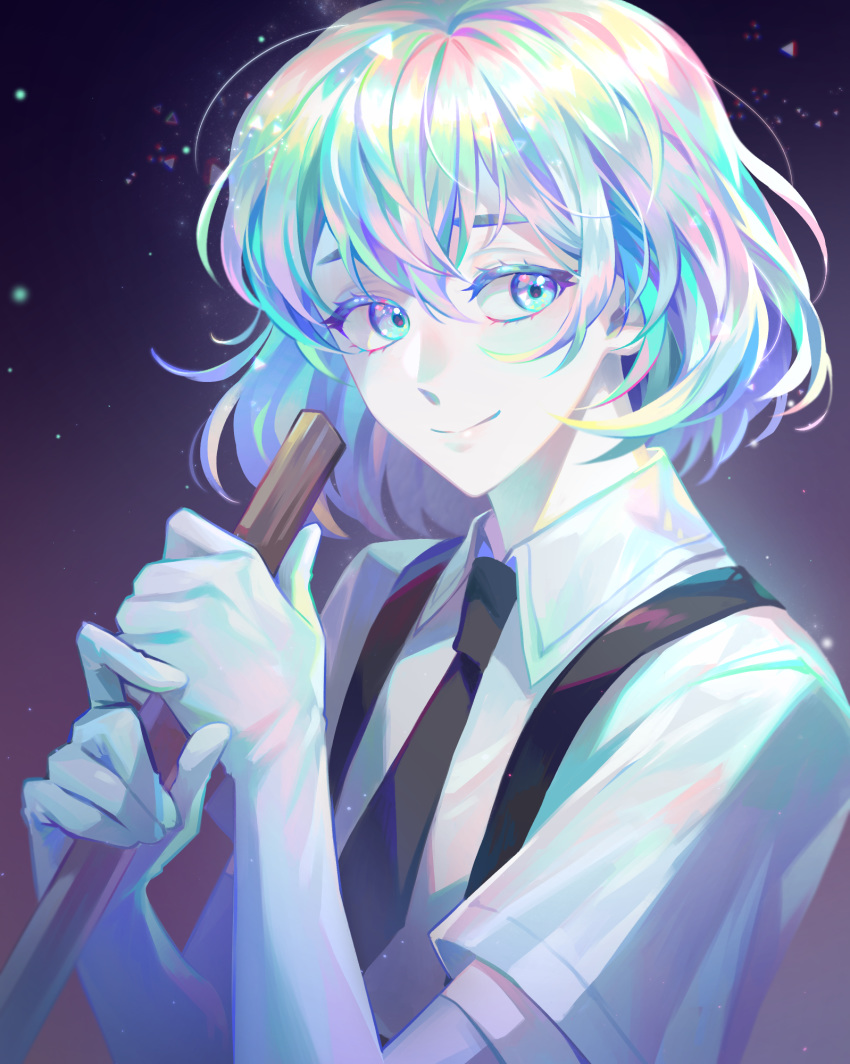 1other, androgynous, black_neckwear, collar, collared_shirt, diamond_(houseki_no_kuni), elbow_gloves, gem_uniform_(houseki_no_kuni), gloves, highres, houseki_no_kuni, hsh7955, looking_at_viewer, multicolored, multicolored_eyes, multicolored_hair, necktie, rainbow_hair, shirt, short_hair, short_sleeves, smile, solo, sparkle, weapon, white_gloves