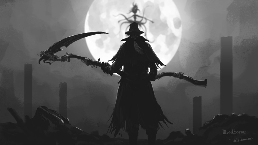 1other, alien, ambiguous_gender, artist_name, bloodborne, blurry, blurry_background, burial_blade, capelet, coat, commentary, copyright_name, eldritch_abomination, facing_away, flying, grey_hair, greyscale, hat, highres, holding, holding_scythe, holding_weapon, hunter_(bloodborne), long_hair, monochrome, monster, moon, moon_presence, outdoors, pillar, ponytail, scythe, sky, torn_capelet, tripdancer, weapon