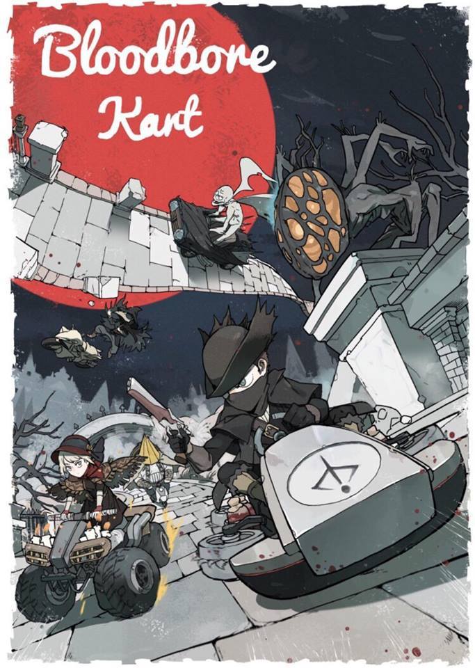 2boys, 2girls, alfred_(bloodborne), all-terrain_vehicle, amygdala, anti-gravity, bloodborne, bonnet, dutch_angle, eileen_the_crow, gun, hat, holding, holding_gun, holding_weapon, hunter_(bloodborne), mario_kart, mask, meme, mouth_mask, multiple_boys, multiple_girls, orphan_of_kos, parody, plain_doll, racing, road, swordofmoonlight, weapon