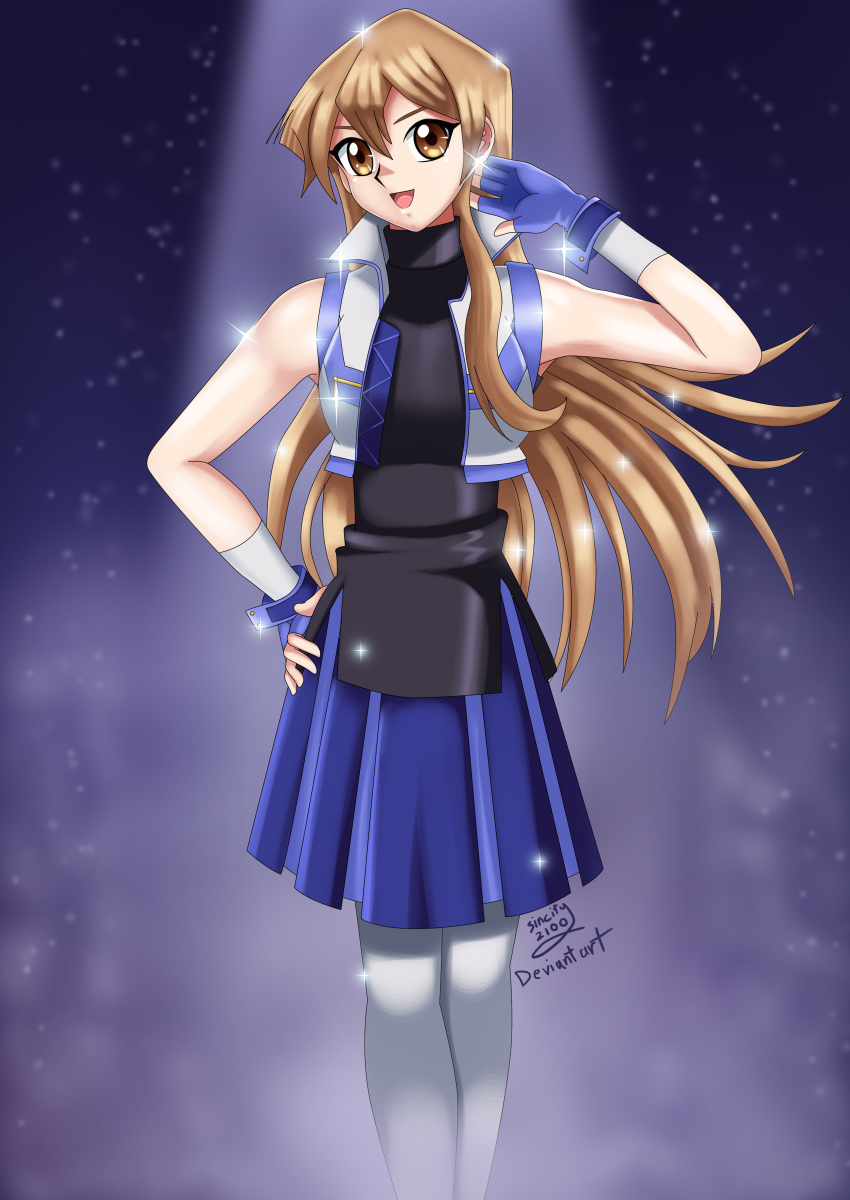 1girl, black_shirt, blonde_hair, blue_gloves, blue_skirt, cute, deviantart, gloves, glowing, happy, long_hair, oshare, pose, sincity2100, sleevless, spotlight, tenjouin_asuka, white_jacket, yellow_eyes, yu-gi-oh!, yuu-gi-ou, yuu-gi-ou_arc-v, yuu-gi-ou_gx