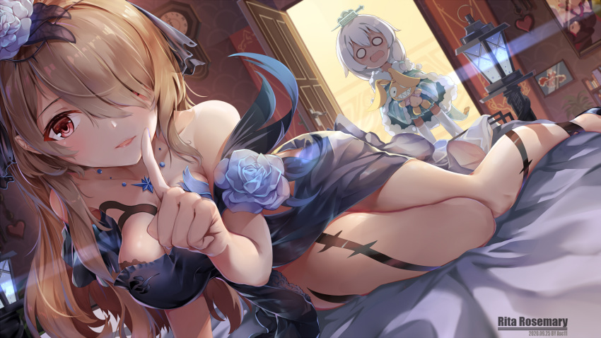 2girls, artist_name, bed_sheet, black_dress, black_veil, blue_flower, blue_rose, breasts