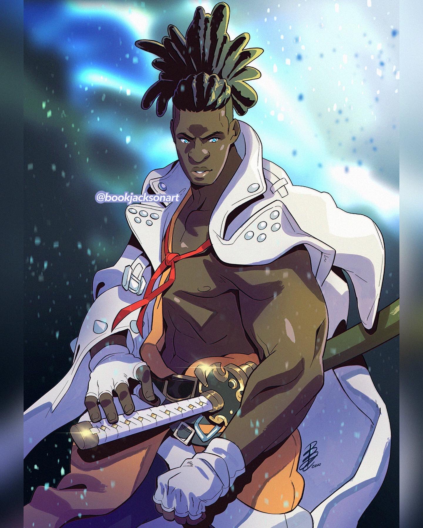 1boy, abs, arm_out_of_sleeve, belt, blue_eyes, book_jackson, commentary, dark_skin, dark_skinned_male, english_commentary, fighting_stance, fingerless_gloves, gloves, guilty_gear, guilty_gear_strive, hairlocs, hand_on_hilt, highres, jacket, katana, lips, long_hair, male_focus, muscle, nagoriyuki, nose, ponytail, scabbard, sheath, sheathed, solo, standing, sword, undercut, very_dark_skin, weapon, white_gloves, white_jacket