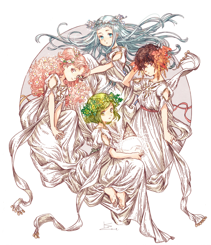 4girls, agate_(tongari_boushi_no_atelier), aqua_hair, bangs, belt, blue_eyes, brown_eyes, brown_hair, coco_(tongari_boushi_no_atelier), commentary, dress, flower, green_eyes, green_hair, hair_flower, hair_ornament, headdress, highres, leaf, long_hair, multiple_girls, official_art, ribbon, riche_(tongari_boushi_no_atelier), seasons, shirahama_kamome, short_hair, signature, simple_background, tethia_(tongari_boushi_no_atelier), tongari_boushi_no_atelier, two_side_up, very_long_hair, white_background, wreath