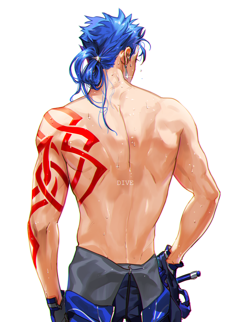 1boy, back, blue_hair, cowboy_shot, cu_chulainn_(fate)_(all), earrings, fate/stay_night, fate_(series)