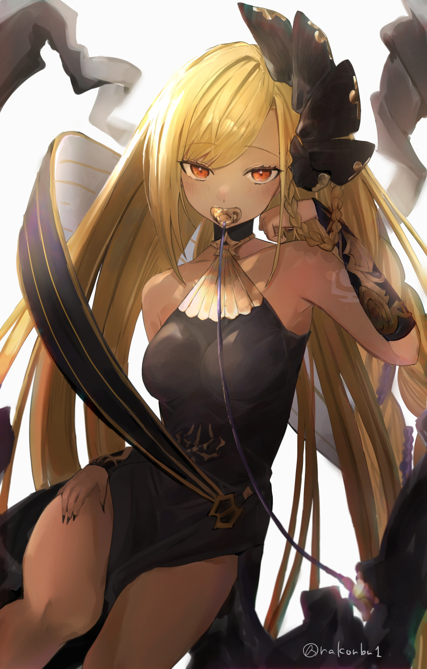 1girl, absurdres, arm_guards, bangs, black_dress, black_nails, black_ribbon, blonde_hair