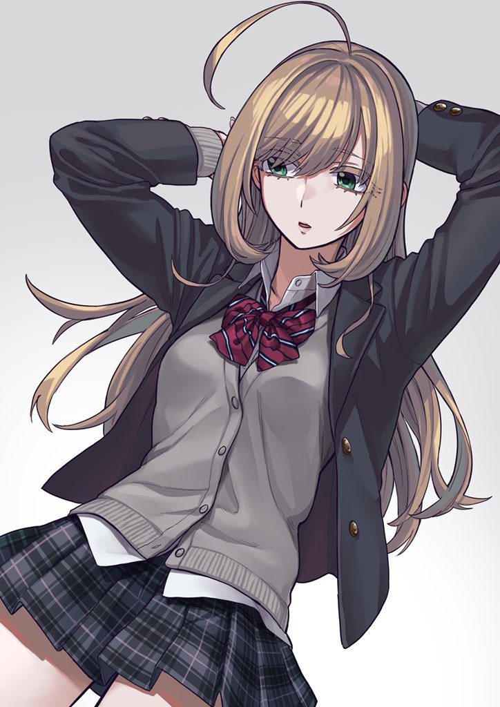 1girl, ahoge, arms_up, bangs, blonde_hair, eyebrows_visible_through_hair, green_eyes, idolmaster