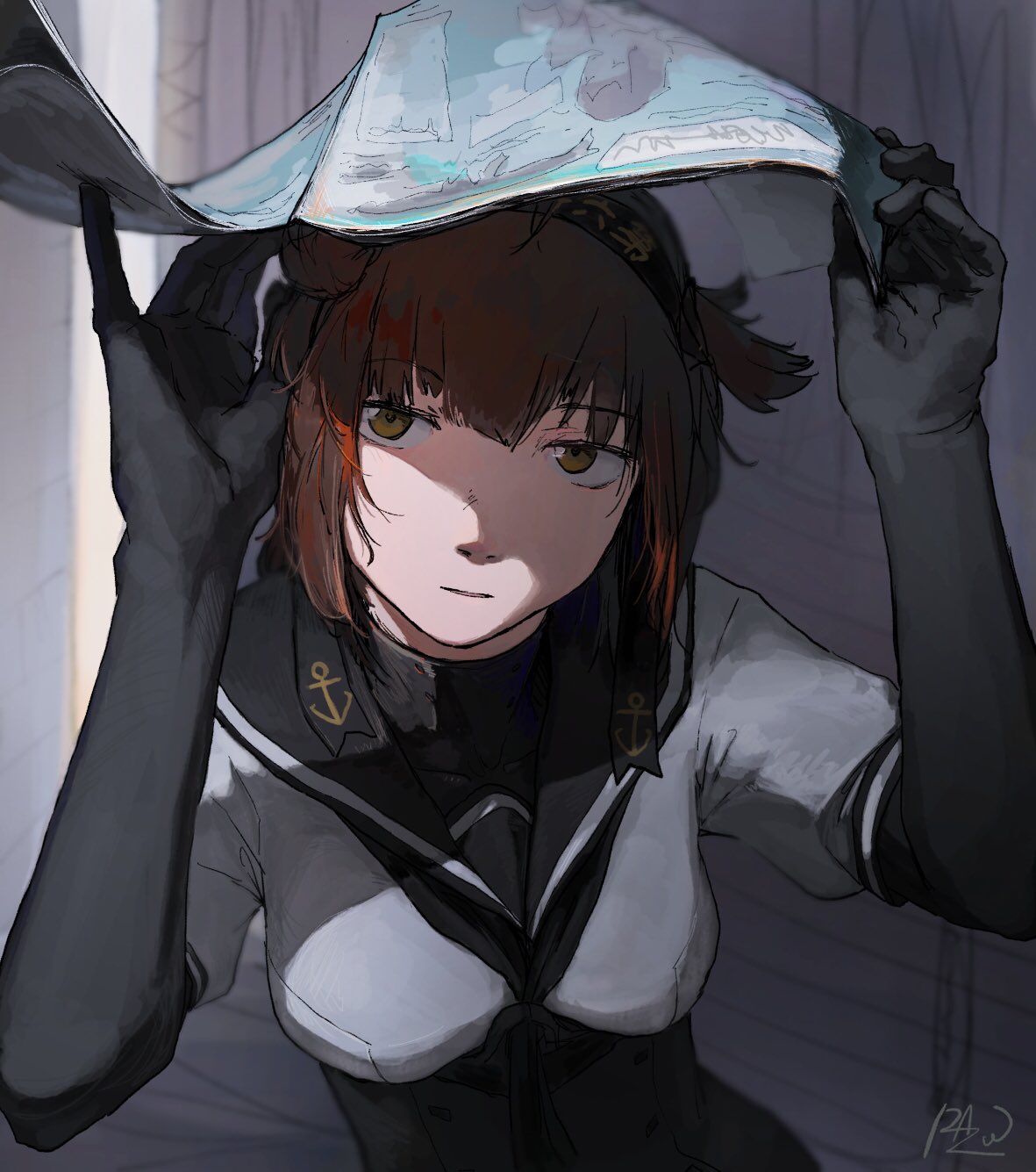1girl, black_hair, bodysuit, breasts, brown_eyes, closed_mouth, hatsuzuki_(kantai_collection), headband