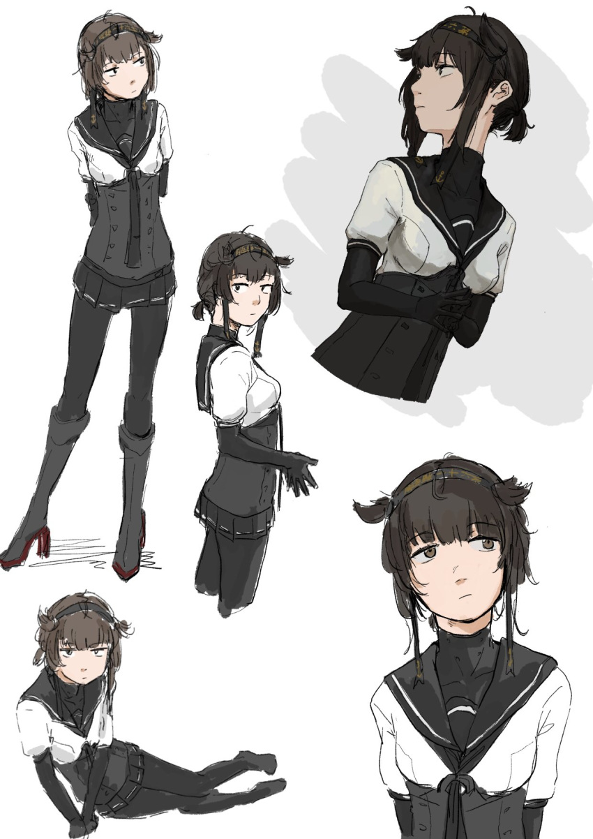 1girl, black_bodysuit, black_hair, black_ribbon, bodysuit, breasts, hatsuzuki_(kantai_collection), headband