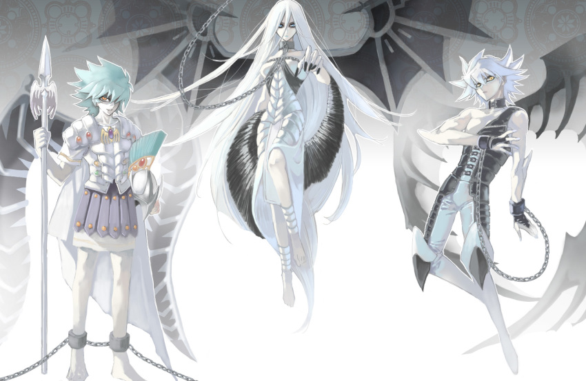 1girl, 2boys, absurdly_long_hair, alternate_hair_color, armor, bare_shoulders, black_nails, blue_eyes