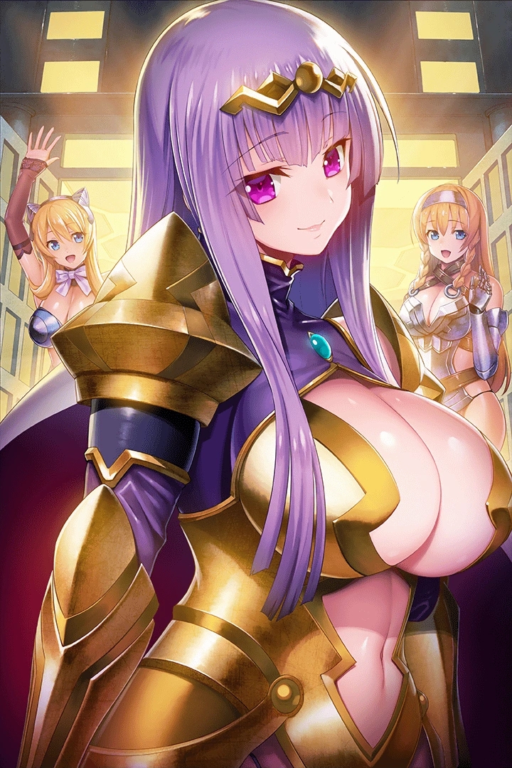 3girls, armor, bangs, belt, bikini_armor, black_panties, blonde_hair, blue_eyes