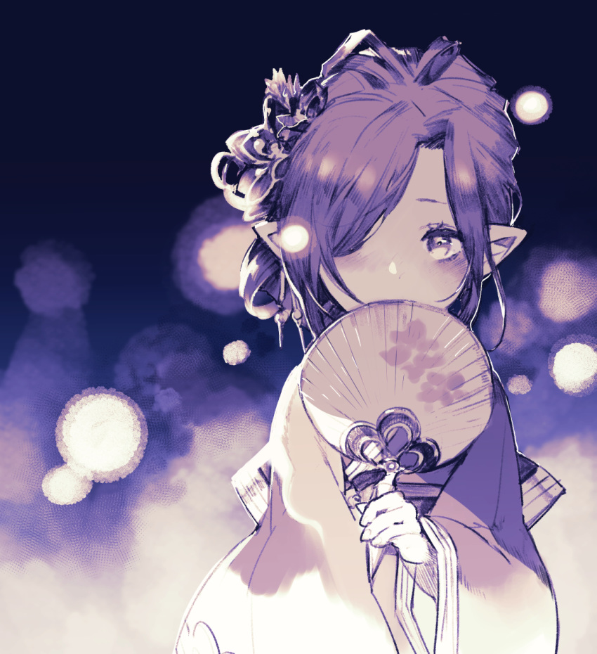 1girl, blush, character_request, covered_mouth, covering_mouth, cowboy_shot, fan, fireflies