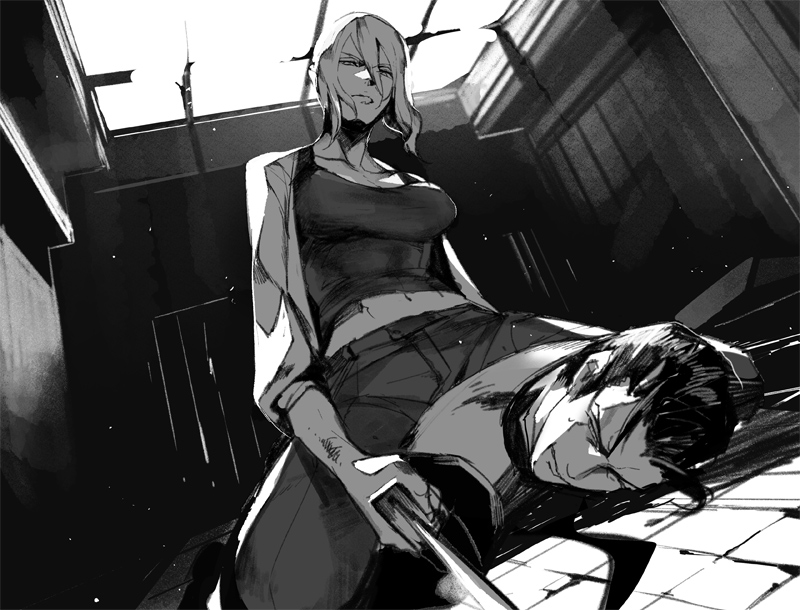 1boy, 1girl, breasts, bruise, ceiling, character_request, collarbone, dutch_angle