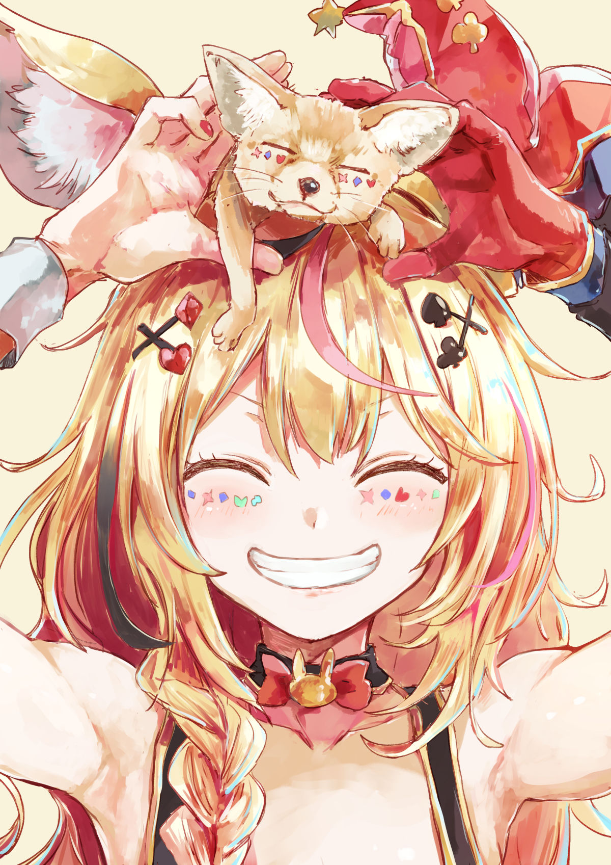 1girl, :d, animal_ears, animal_on_head, arms_up, bangs, bare_shoulders, black_hair
