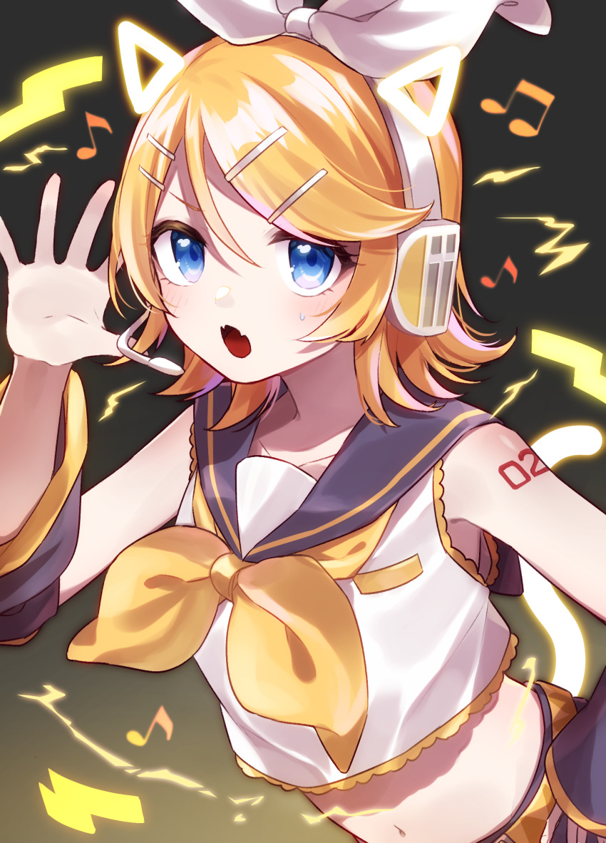 1girl, animal_ears, arm_warmers, bangs, bare_shoulders, belt, black_collar, black_sleeves, blonde_hair, blue_eyes, bow, cat_ears, cat_tail, collar, commentary, crop_top, eighth_note, fangs, glowing_ears, glowing_tail, hair_bow, hair_ornament, hairclip, hand_on_hip, hand_up, headphones, headset, highres, hologram, kagamine_rin, leaning_forward, looking_at_viewer, midriff, musical_note, navel, neckerchief, open_mouth, outstretched_hand, sailor_collar, school_uniform, shirt, short_hair, shoulder_tattoo, skin_fangs, sleeveless, sleeveless_shirt, soramame_pikuto, swept_bangs, tail, tattoo, upper_body, vocaloid, white_bow, white_shirt, yellow_neckwear