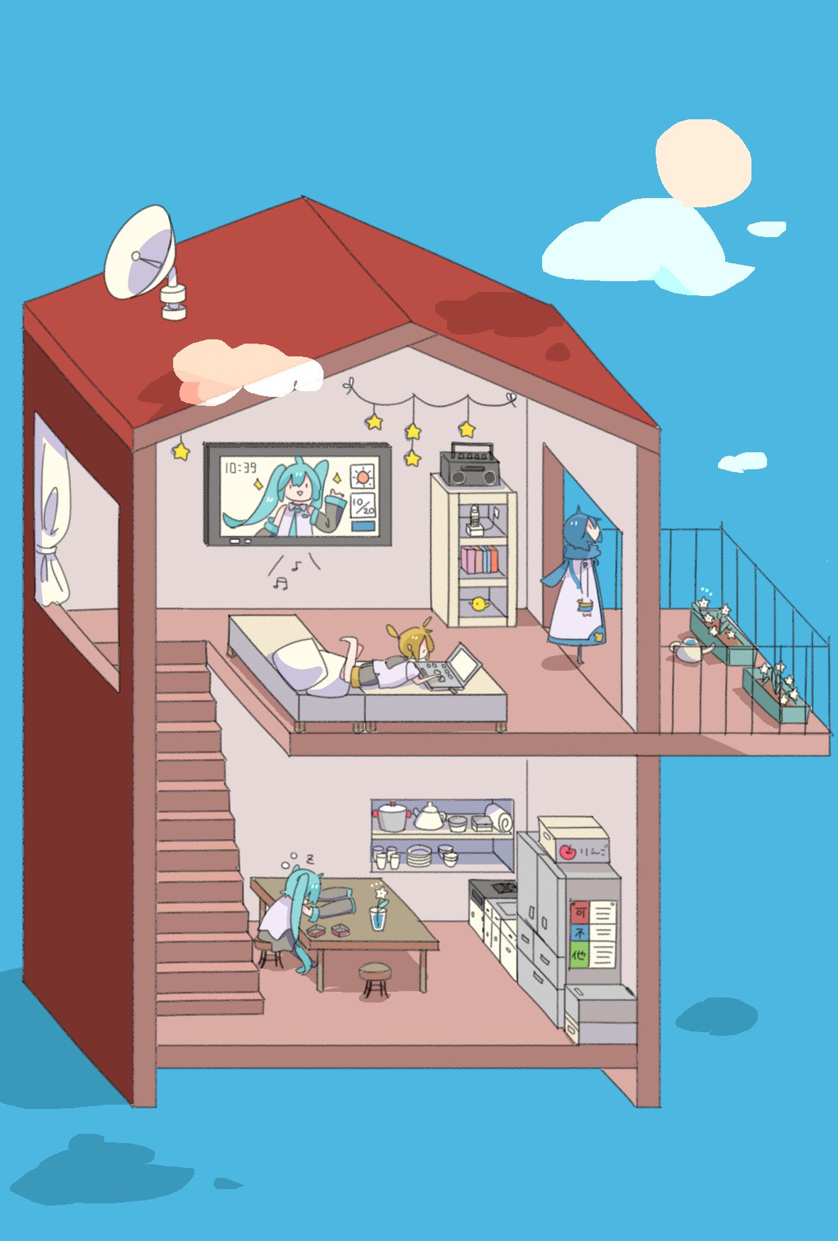 1girl, 2boys, 39, aqua_hair, balcony, beamed_eighth_notes, black_shorts, blonde_hair, blue_hair, blue_scarf, blue_sky, box, cabinet, clouds, coat, commentary, computer, curtains, dish, eighth_note, flat_screen_tv, hatsune_miku, highres, house, indoors, kagamine_len, kaito, kamada_(yamadarou), kitchen, laptop, leg_up, long_hair, looking_up, lying, multiple_boys, musical_note, on_stomach, pillow, plant, pot, potted_plant, radio, satellite_dish, scarf, scenery, shelf, shirt, short_ponytail, short_sleeves, shorts, skirt, sky, stairs, standing, star_(symbol), stove, sun, table, television, twintails, very_long_hair, vocaloid, watering_can, white_coat, white_shirt, zzz