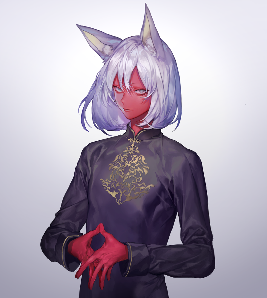 1boy, animal_ears, black_robe, hands_together, long_sleeves, looking_at_viewer, male_focus, ohayosayonara, original, red_skin, simple_background, solo, upper_body