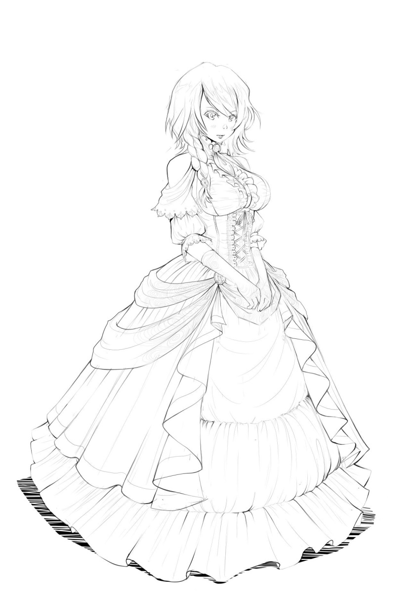 1girl, aradia_(night_of_revenge), armlet, bangs, bare_shoulders, blush, braid, breasts, center_frills, commentary_request, corset, dress, elbow_gloves, eyebrows_visible_through_hair, frilled_dress, frills, full_body, gloves, greyscale, hands_together, highres, hoop_skirt, large_breasts, layered_dress, long_dress, long_hair, monochrome, night_of_revenge, own_hands_together, parted_lips, puffy_short_sleeves, puffy_sleeves, short_sleeves, side_braid, side_ponytail, simple_background, sketch, sleeves_past_elbows, solo, standing, swept_bangs, underbust, v_arms, white_background