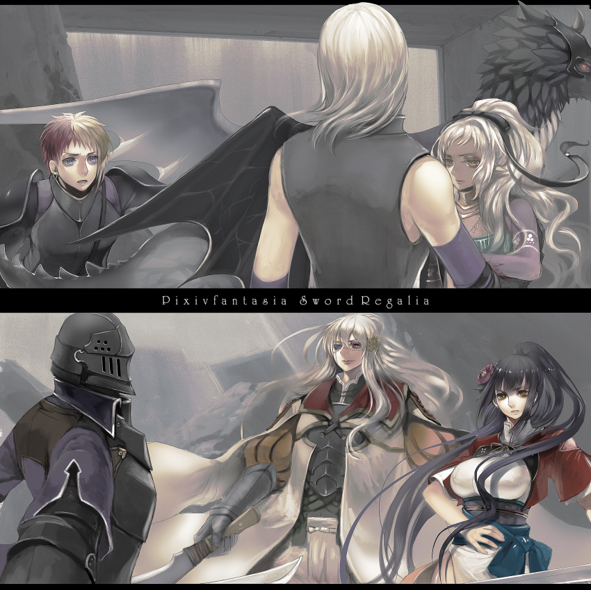 2girls, 4boys, adalbert_(pixiv_fantasia), armor, black_hair, blonde_hair, blue_eyes, borrowed_character