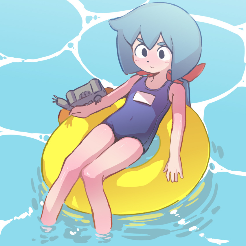1girl, blue_hair, commentary, constanze_amalie_von_braunschbank-albrechtsberger, floating, highres, innertube, little_witch_academia, long_hair, orange_peel_(artist), robot, school_swimsuit, solid_eyes, stanbot_(little_witch_academia), swimsuit, water