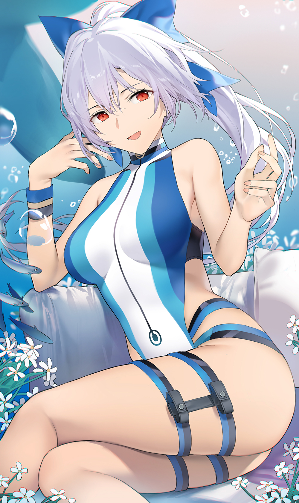 1girl, bangs, blue_bow, blue_swimsuit, bow, breasts, fate/grand_order, fate_(series)