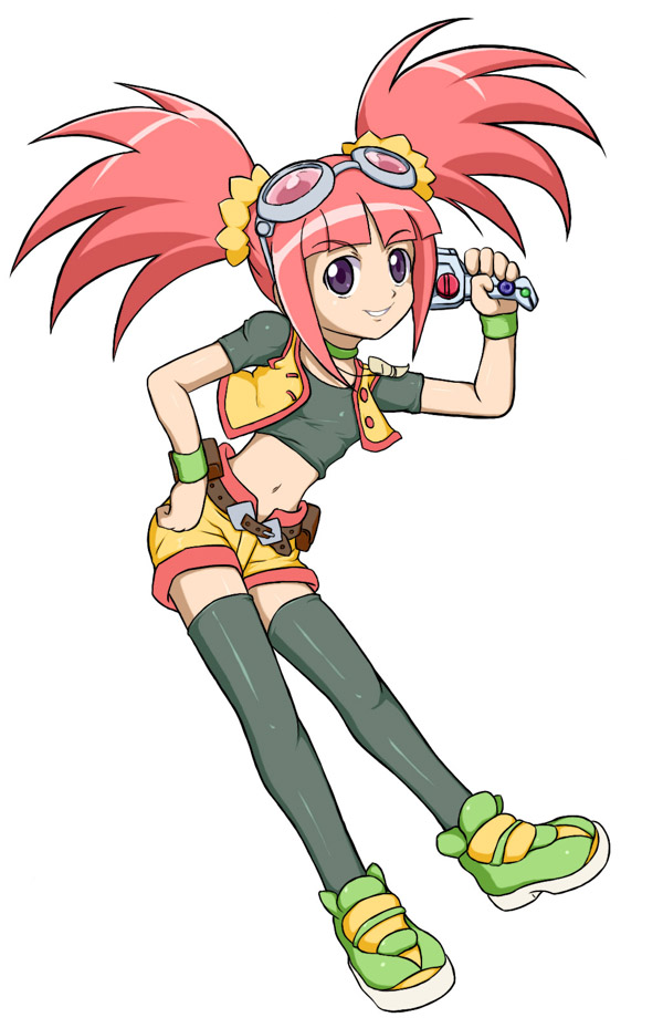 1girl, bangs, belt, breasts, choker, dinosaur_king, goggles, goggles_on_head