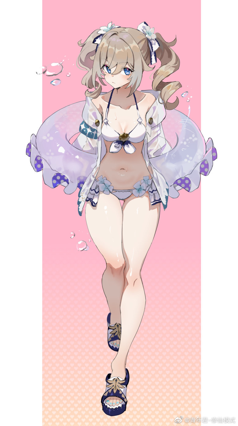 1girl, barbara_(genshin_impact), bare_shoulders, bikini, blonde_hair, blue_eyes, blush, breasts
