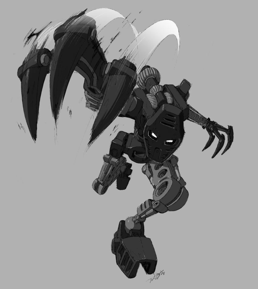 1boy, absurdres, bionicle, claws, gears, grey_background, highres, jeetdoh, kanohi_(bionicle), mask, monochrome, no_humans, onua_(bionicle), robot, slashing, the_lego_group, white_eyes
