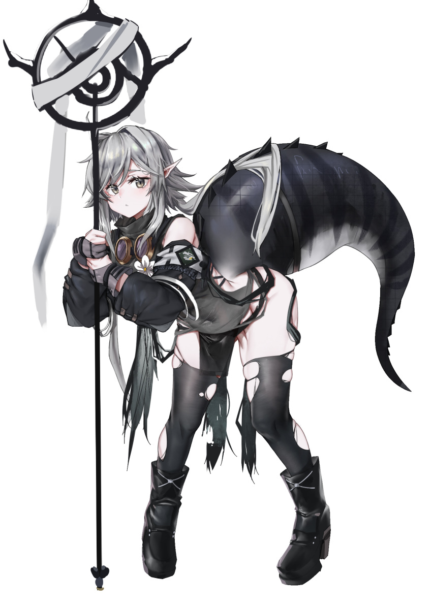 1girl, ahoge, arknights, bangs, black_footwear, black_jacket, black_legwear, black_scarf