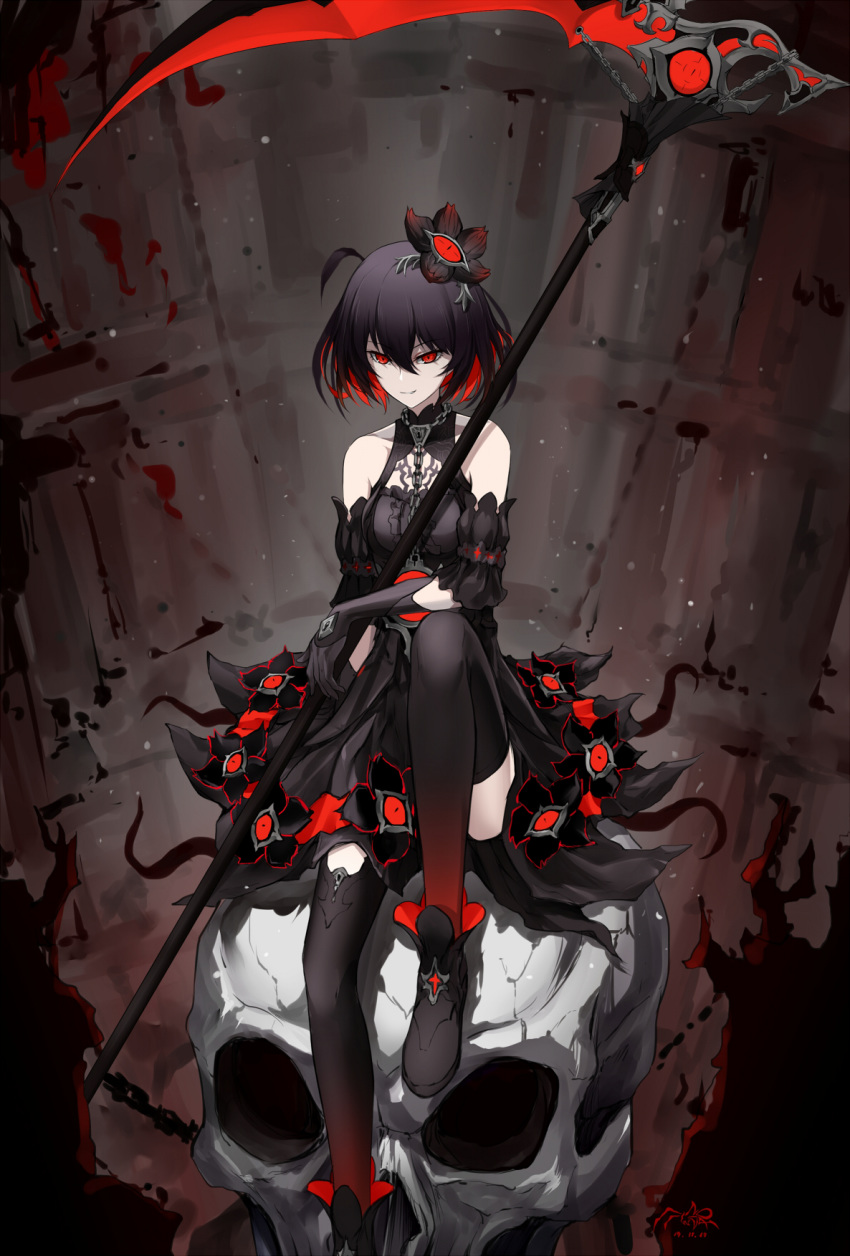 1girl, ahoge, black_dress, black_footwear, black_gloves, black_hair, black_legwear, boots