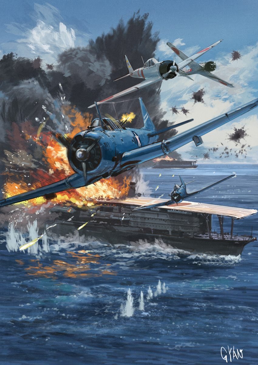 a6m_zero, aircraft, aircraft_carrier, airplane, battle, commentary_request, explosion, fire, gun, gyan_(akenosuisei), highres, huge_filesize, imperial_japanese_navy, machine_gun, military, military_vehicle, no_humans, ocean, original, sbd_dauntless, scenery, ship, sky, united_states_navy, warship, water, watercraft, weapon, world_war_ii