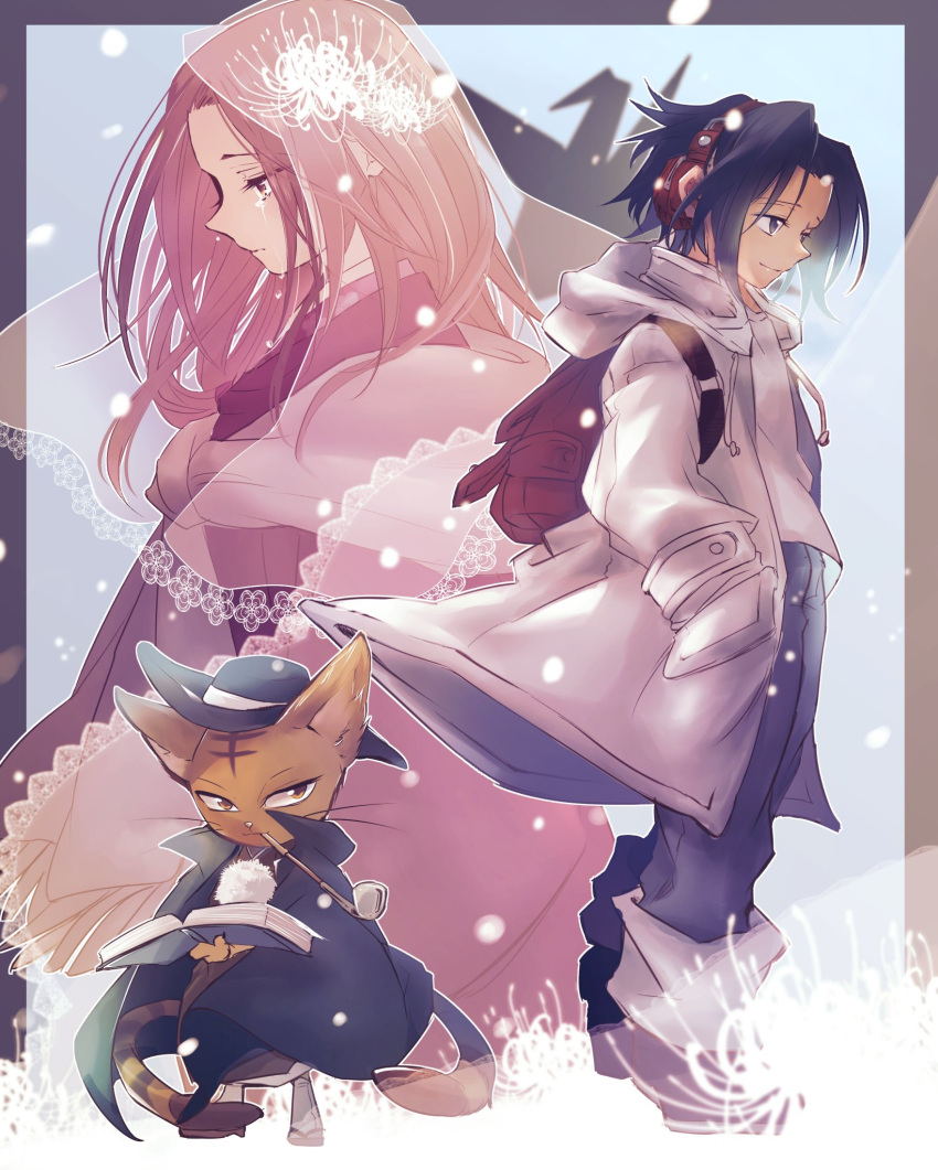 1girl, 2boys, asakura_you, backpack, bag, black_eyes, black_hair, book, brown_eyes, brown_hair, cat, coat, hands_in_pockets, hat, headphones, highres, japanese_clothes, kimono, kiseru, kyouyama_anna, matamune, multiple_boys, multiple_tails, nekomata, origami, paper_crane, pipe, randoseru, shaman_king, short_hair, tabi, tail, tears, tmtm24787088, veil, zouri