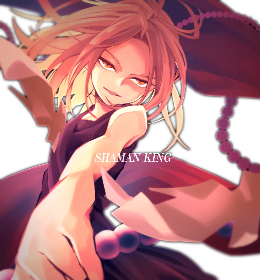 1girl, bare_arms, bead_necklace, beads, black_dress, blonde_hair, copyright_name, dress