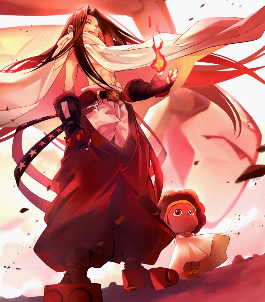 1boy, 1girl, afro, anklet, asakura_hao, belt, black_hair, cape