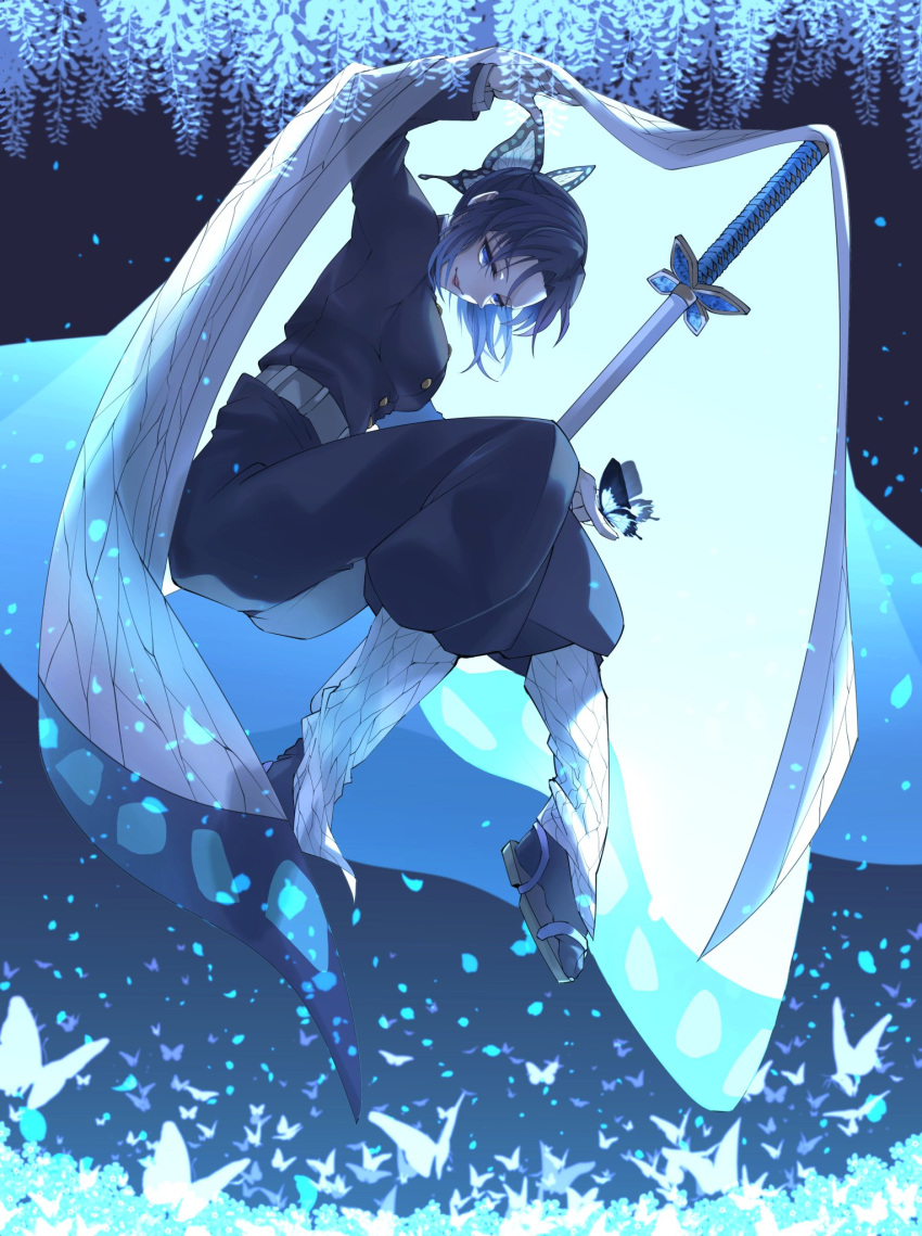 1girl, bangs, belt, black_hair, blue_hair, bug, butterfly, butterfly_hair_ornament