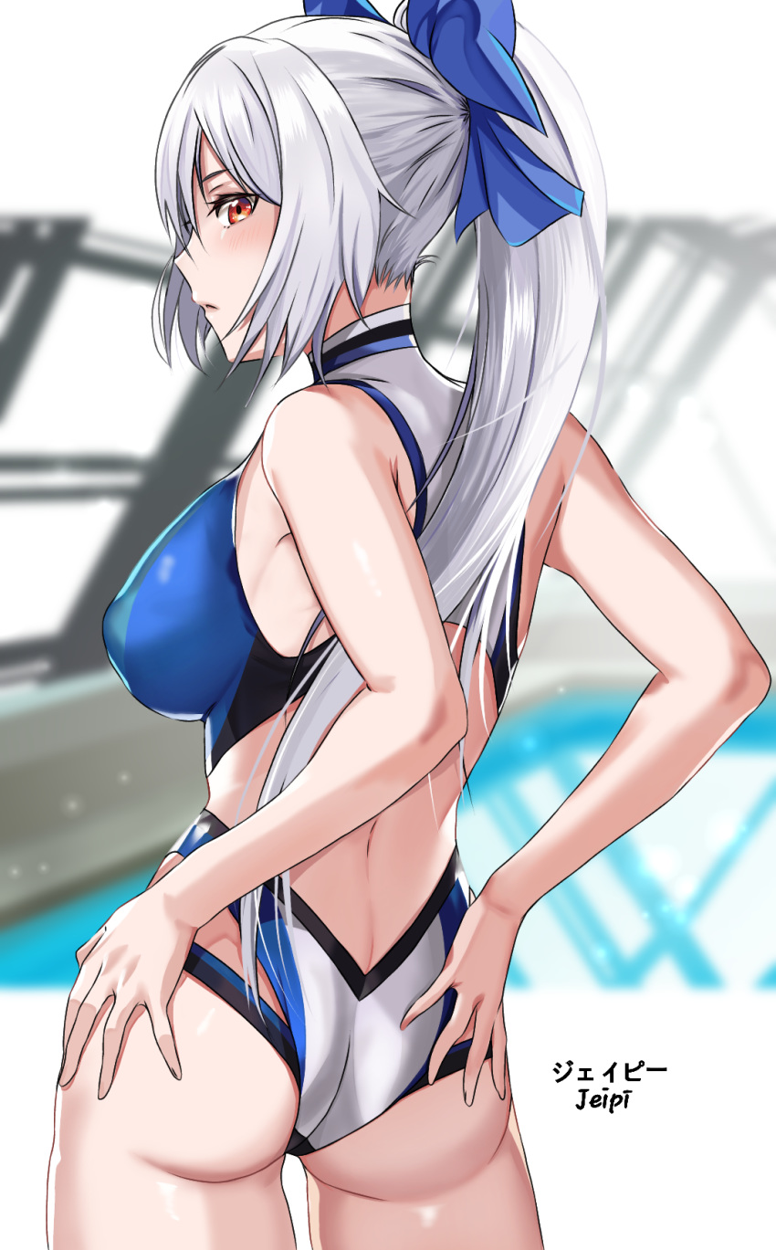 1girl, ass, back, bangs, blue_bow, blue_swimsuit, blush, bow