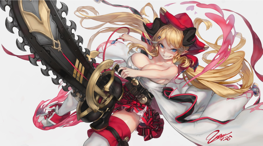 1girl, belt, blonde_hair, blue_eyes, breasts, chainsaw, dated, draph