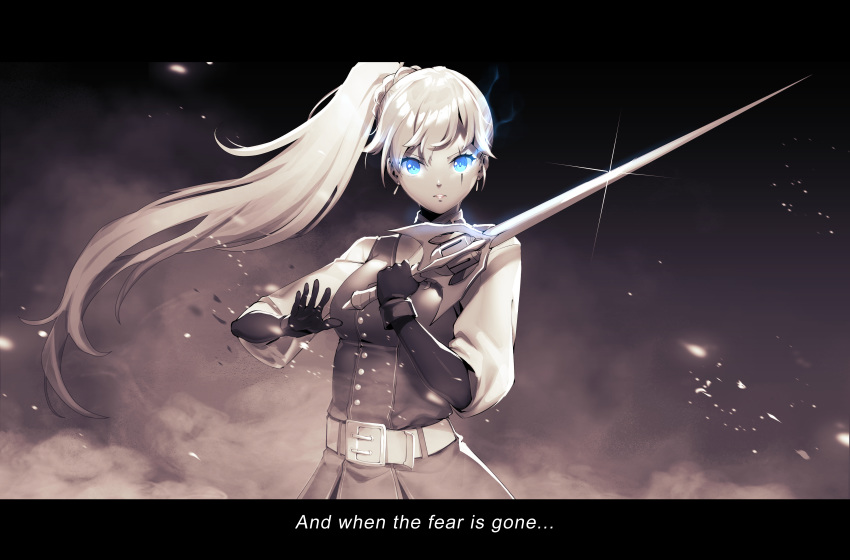 1girl, absurdres, bangs, belt, black_gloves, blouse, blue_eyes, commentary, dune_(movie), earrings, english_commentary, english_text, gloves, glowing, glowing_eyes, hair_ornament, hair_scrunchie, high_collar, high_ponytail, highres, holding, holding_sword, holding_weapon, jewelry, long_hair, long_sleeves, lulu-chan92, myrtenaster, parody, parted_lips, ponytail, rapier, rwby, scar, scar_across_eye, scrunchie, sepia, serious, side_ponytail, subtitled, sword, weapon, weiss_schnee, white_belt, white_blouse, white_hair