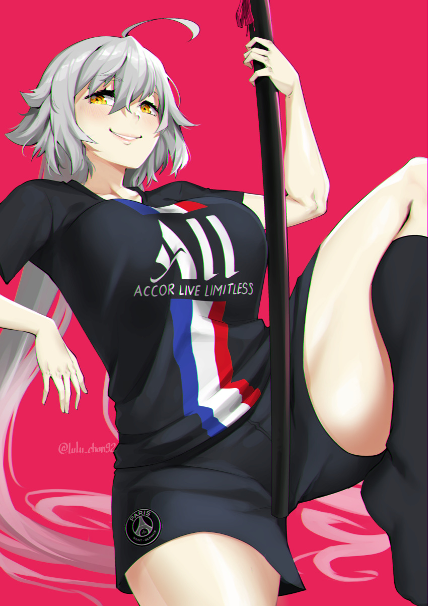 1girl, absurdly_long_hair, ahoge, black_legwear, black_shorts, blush, breasts, commentary