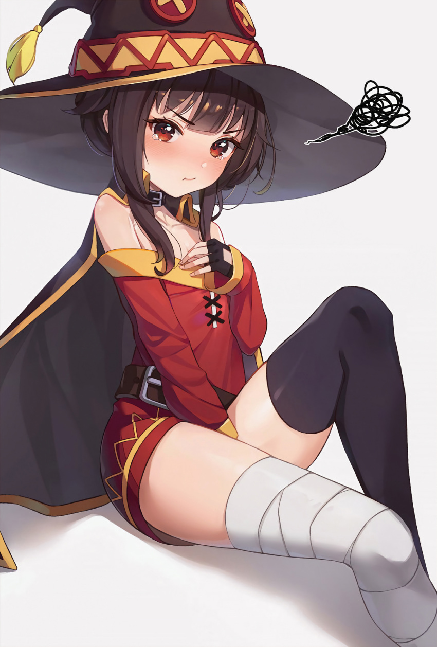1girl, bandaged_leg, bandages, belt, black_choker, black_gloves, black_hair, black_headwear