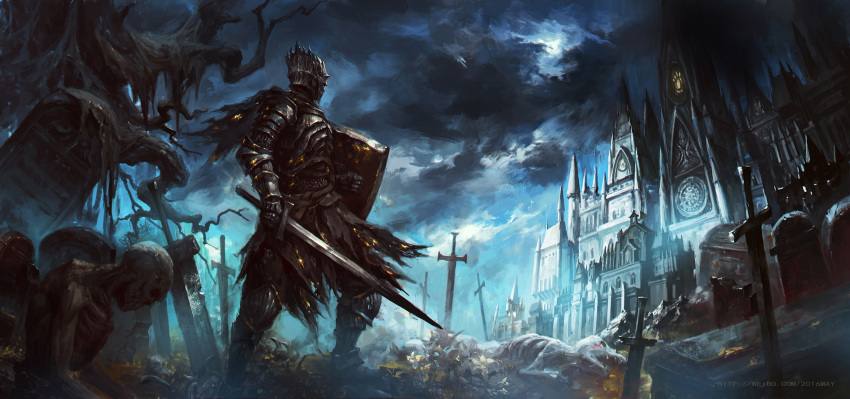 1other, 2016may_(13038148), architecture, armor, ashen_one_(dark_souls_3), bare_tree, breastplate, building
