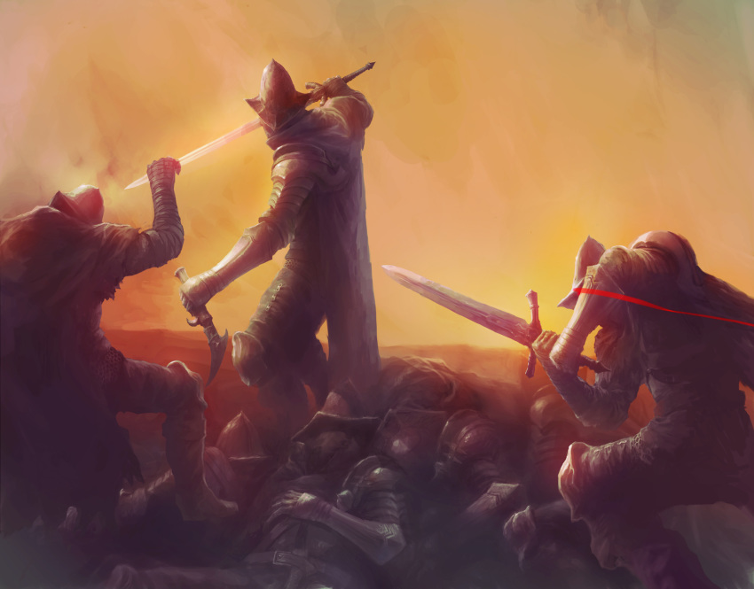 3boys, abyss_watcher, arm_up, armor, battle, boots, cape, corpse