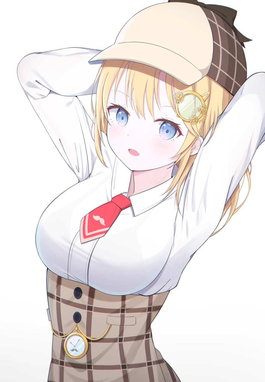 1girl, absurdres, blonde_hair, blue_eyes, brown_skirt, collared_shirt, detective, hat