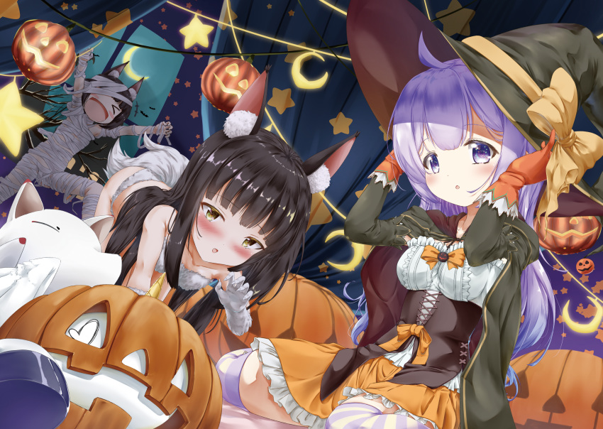 >_<, 3girls, :d, absurdres, ahoge, all_fours, alternate_costume, animal_ears