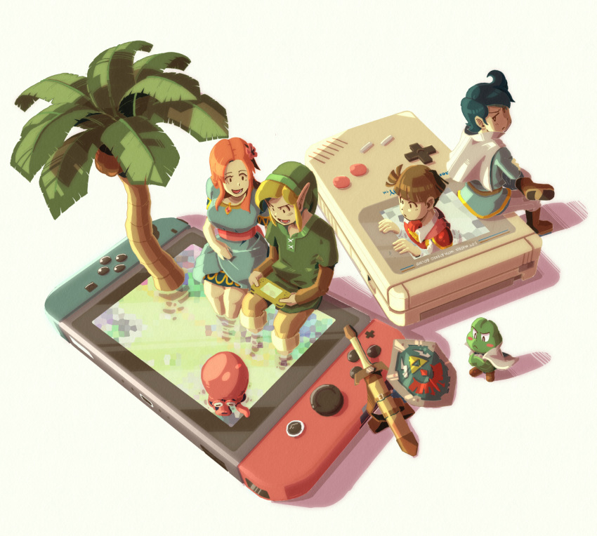 cape, coconut, dress, flower, frog, game_boy, hair_flower, hair_ornament, handheld_game_console, hat, highres, kaeru_no_tame_ni_kane_wa_naru, link, marin_(the_legend_of_zelda), nintendo, nintendo_switch, octorok, palm_tree, playing_games, pointy_ears, prince_richard_(kaeru_no_tame_ni_kane_wa_naru), sabure_oukoku_no_ouji, shield, sitting, sword, the_legend_of_zelda, the_legend_of_zelda:_link's_awakening, through_screen, tree, weapon, yukifuru2626
