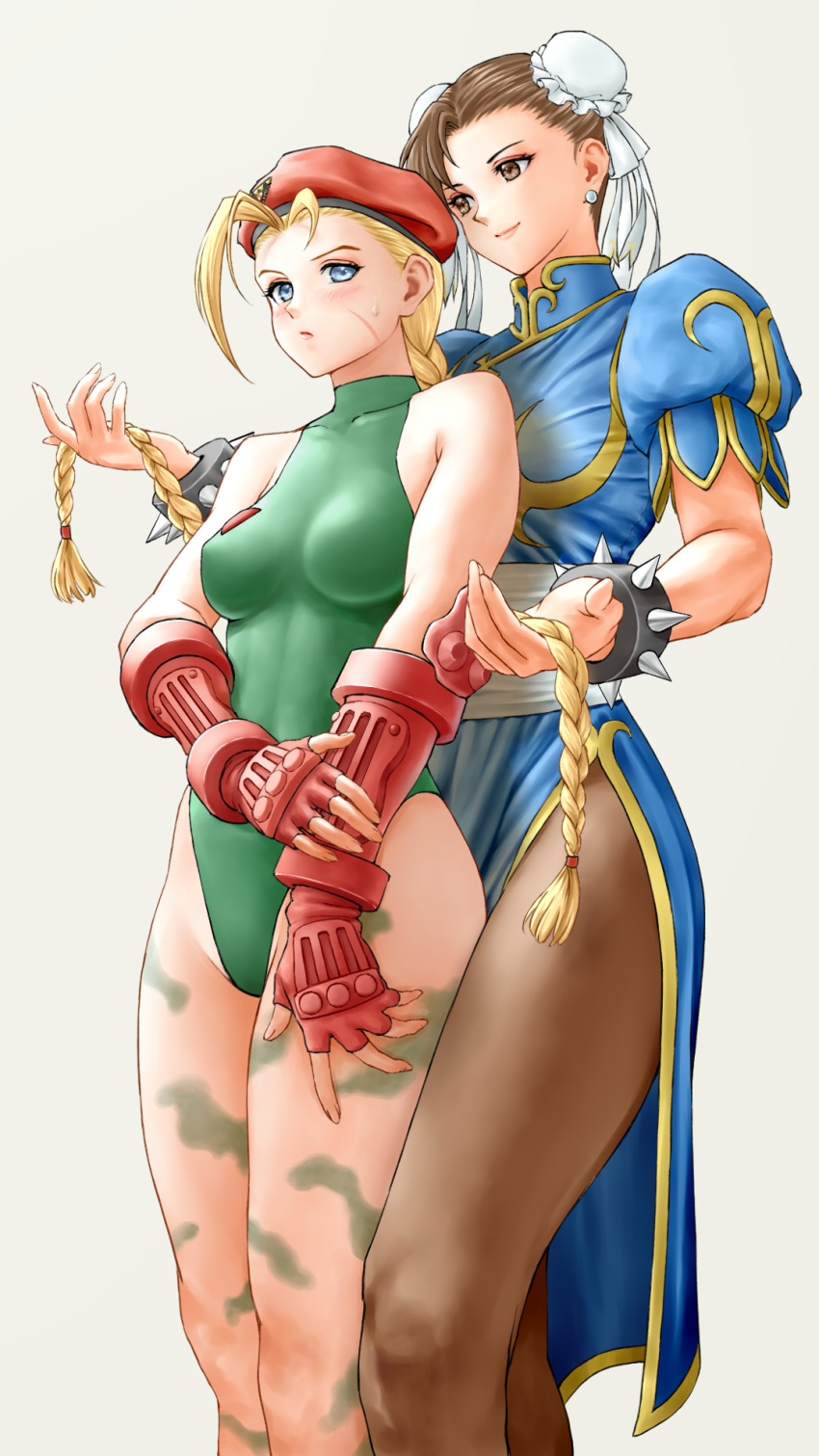 2girls, bangs, bare_shoulders, beret, blonde_hair, blue_eyes, blush, bracelet