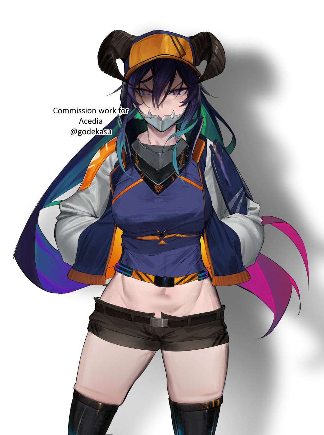 1girl, baseball_cap, belt, black_belt, black_legwear, black_shorts, breasts, closed_mouth, colored_inner_hair, commission, contrapposto, cowboy_shot, curled_horns, drop_shadow, frown, godekasu, gorget, hair_between_eyes, hands_in_pockets, hat, highres, horns, horns_through_headwear, jacket, large_breasts, long_hair, long_sleeves, looking_at_viewer, metal_jaw, midriff, multicolored_hair, navel, open_clothes, open_jacket, original, pink_eyes, purple_hair, purple_shirt, shaded_face, shirt, short_shorts, shorts, skindentation, solo, standing, thigh-highs, twitter_username, very_long_hair, watermark