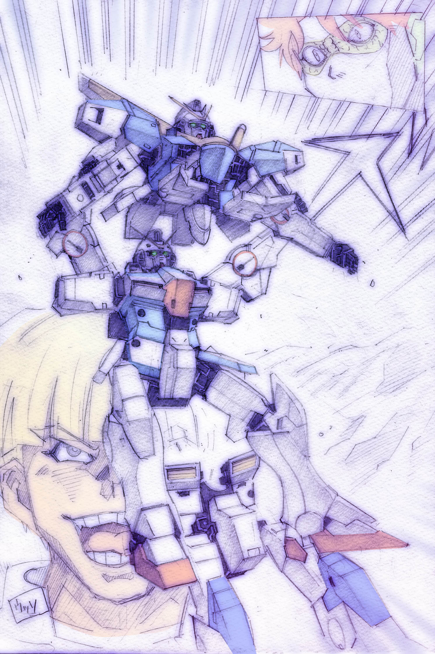 2boys, blonde_hair, blue_eyes, chronicle_asher, gundam, highres, laughing, looking_up, mask, mecha, multiple_boys, open_mouth, redhead, tatsurounakanishi, uso_ewin, v-fin, v2_gundam, v_gundam, victory_gundam