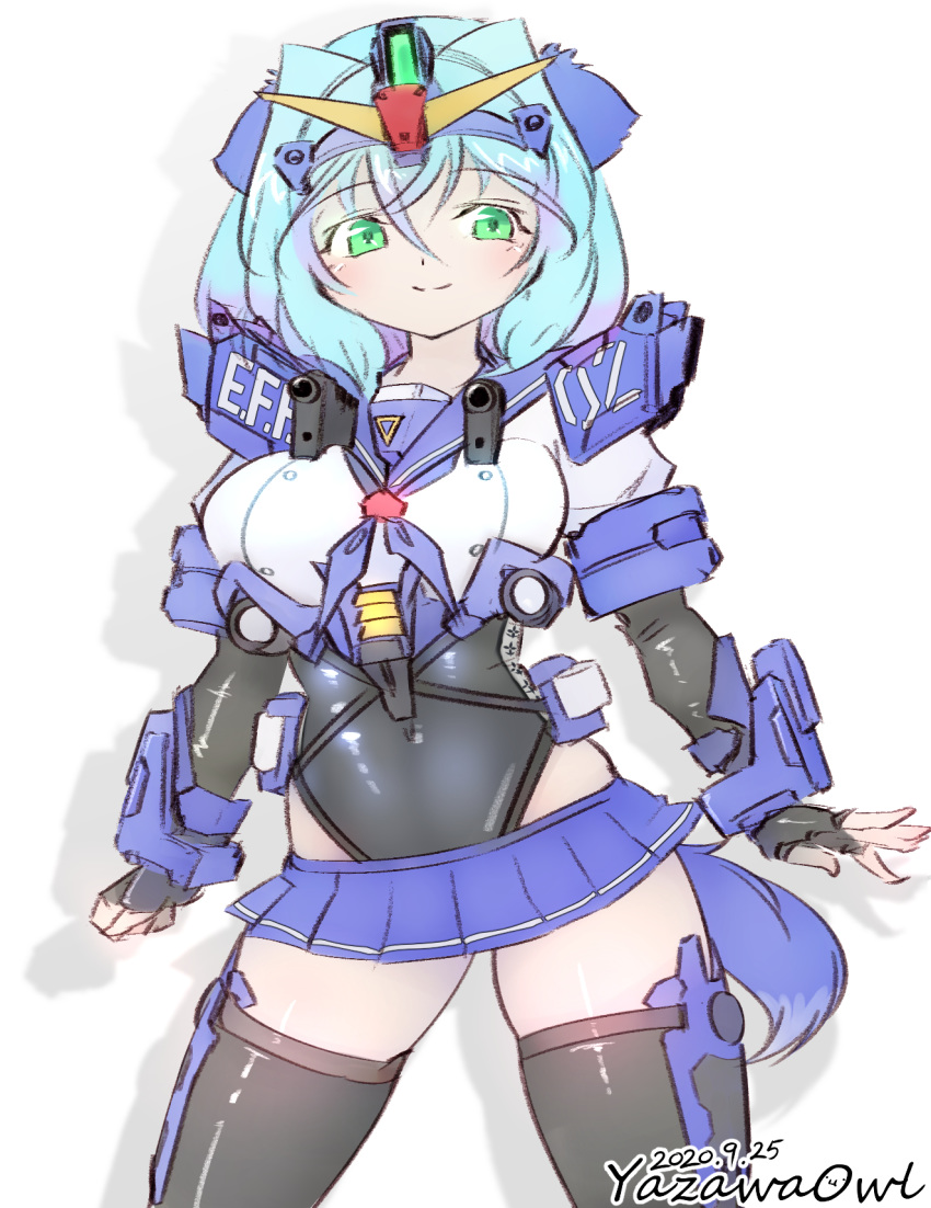1girl, artist_name, blue_destiny_02, blue_hair, breasts, clenched_hand, dated, green_eyes
